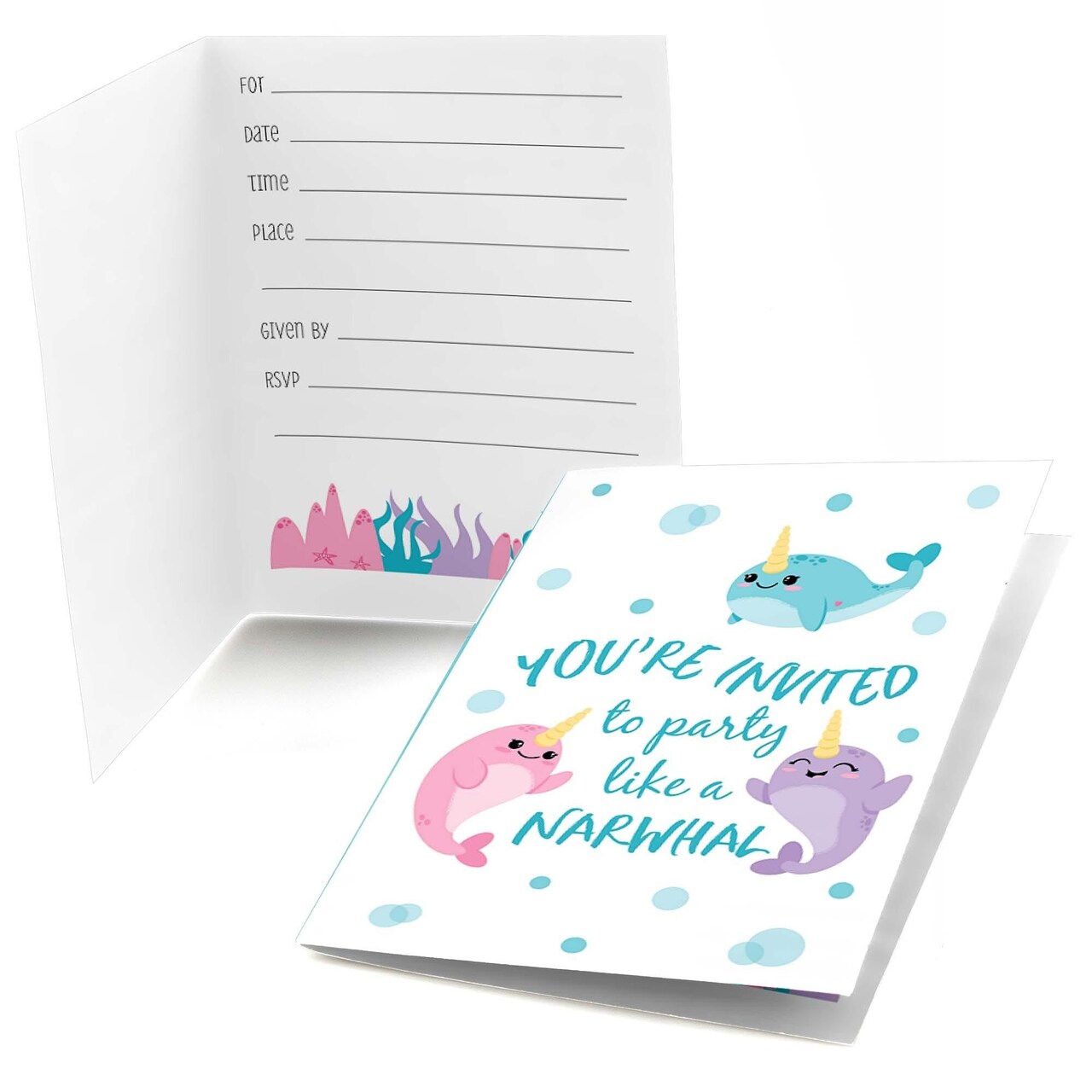Big Dot of Happiness Narwhal Girl - Fill In Under The Sea Baby Shower or Birthday Party Invitations (8 count)